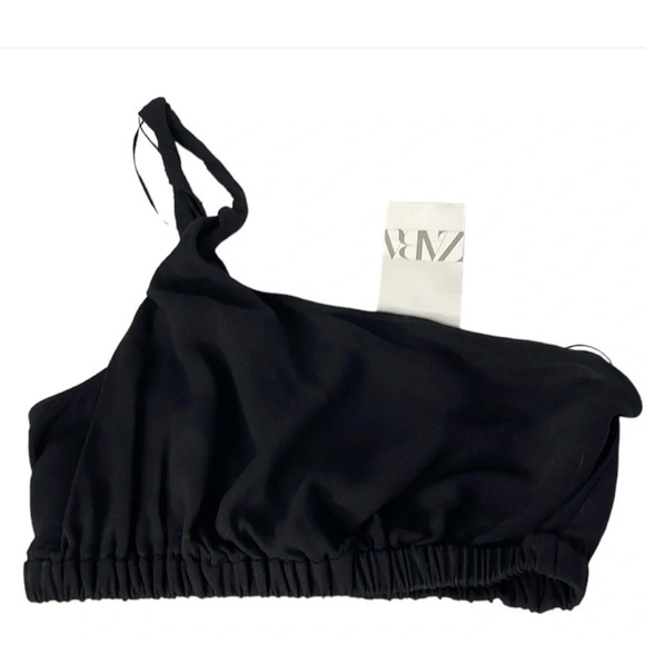 ZARA NWT Black Twisted One Shoulder Crop Top Elastic Band Hem Lined Summer L - Picture 2 of 7